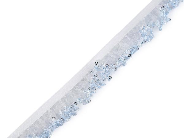 Organza-Rüschenband mit Paillettenkante in Hellblau, elastisch